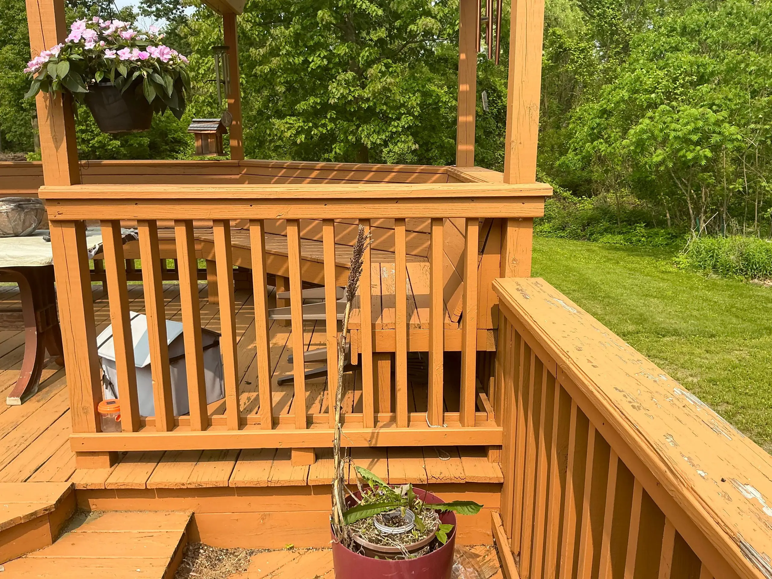 Buffalo backyard deck rails stained rich cedar tone